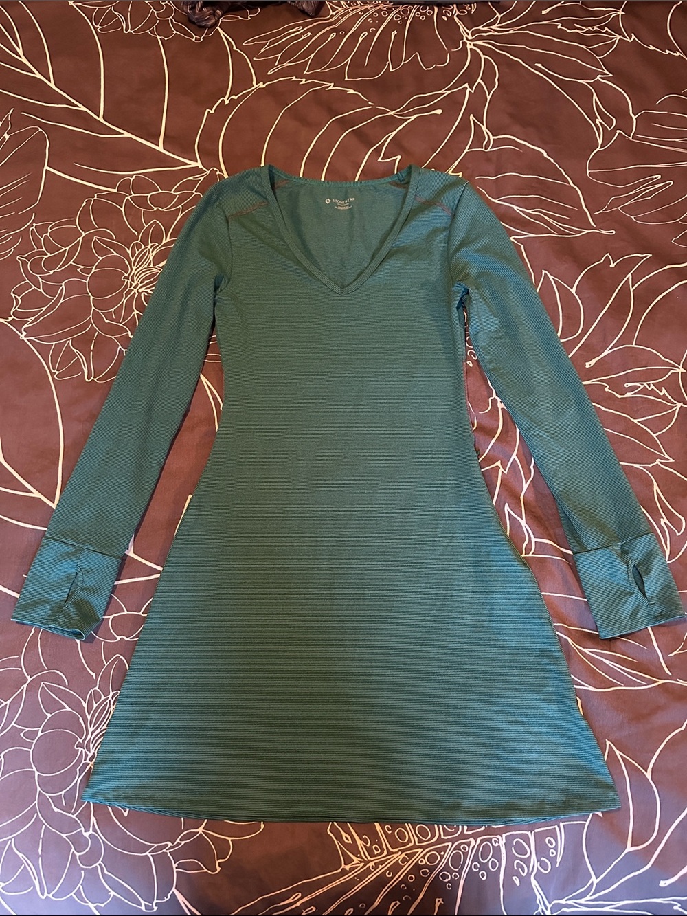 Stonewear Long Sleeve V-Neck A-Line Dress in Teal w/grey stripes